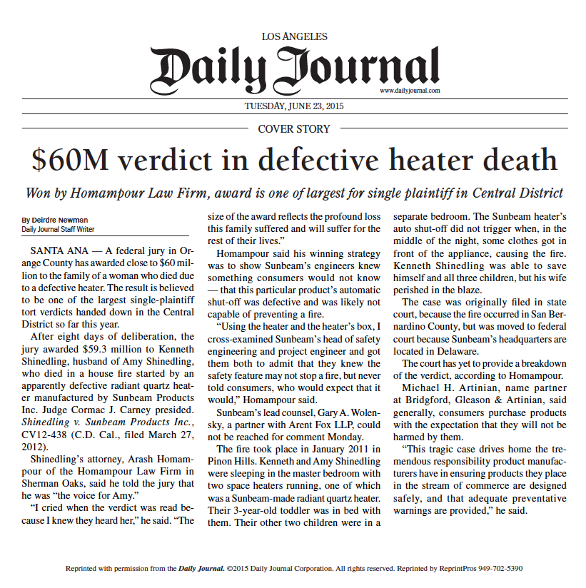 $60 Million Verdict In Defective Heater Death Daily Journal Article