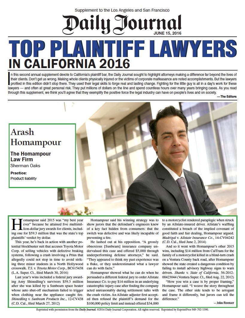Arash Homampour Daily Journal 2016 Top Plaintiff Lawyer In California
