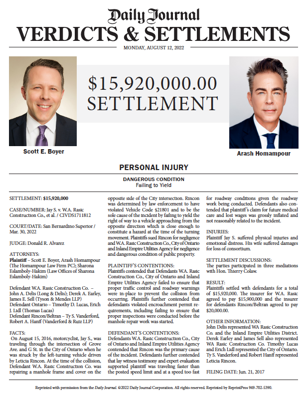 $10,000,000 Dangerous Condition of Public Property Settlement