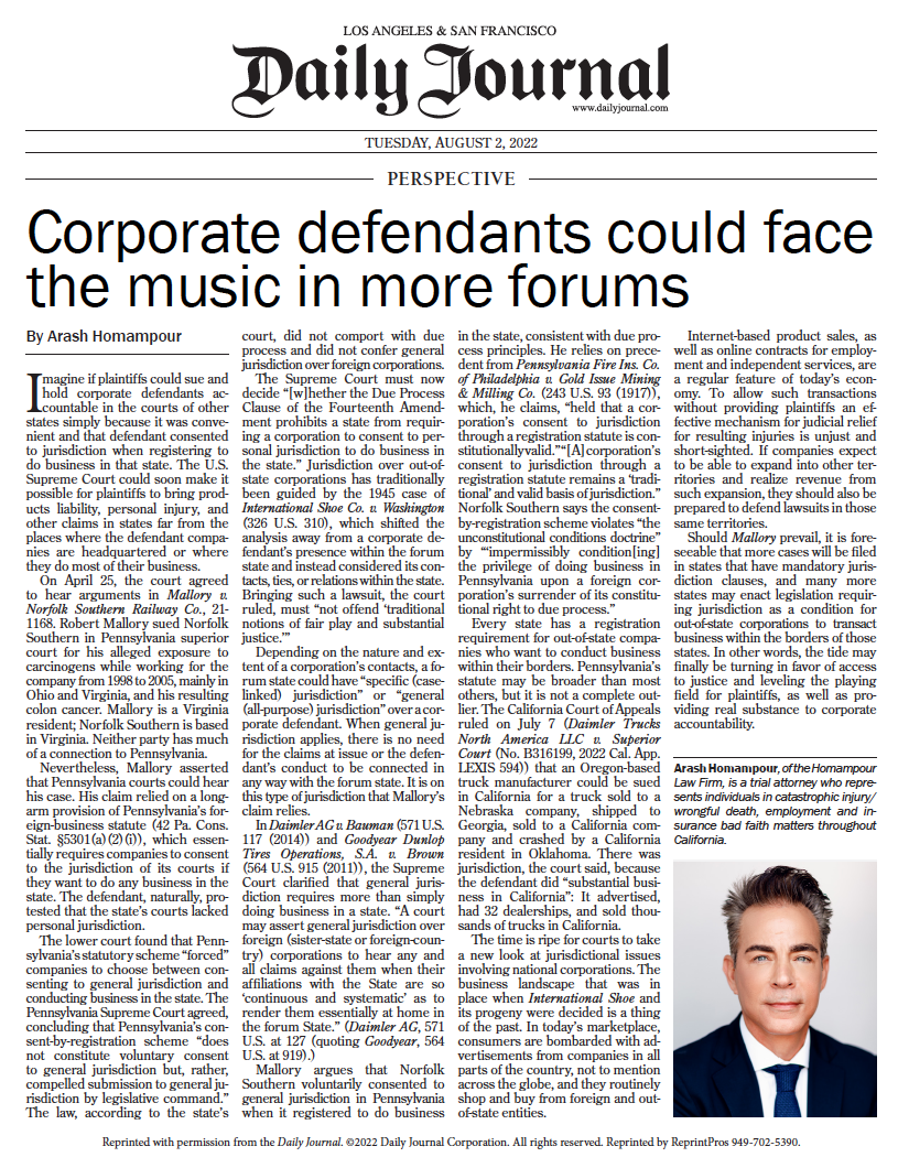 Corporate Defendants Could Face The Music In More Forums Daily Journal article by Arash Homampour.