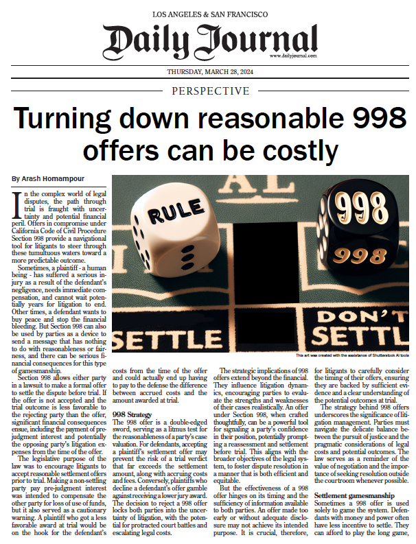 Front cover of Daily Journal article by Arash Homampour, "Turning Down Reasonable 998 Offers Can Be Costly".